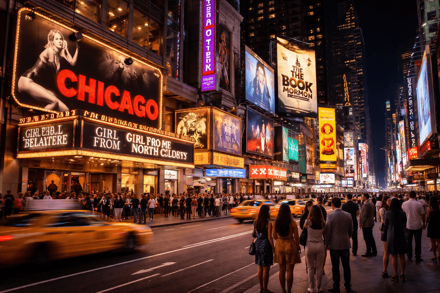 Broadway theater district at night — NYC show guide